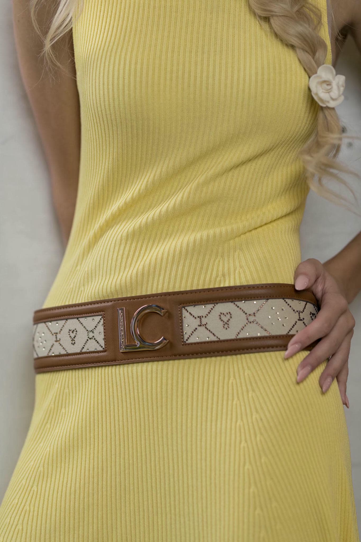 Tan and Beige – Heart Embossed Canvas Belt with Crystal Accents-tresor collection by Viola