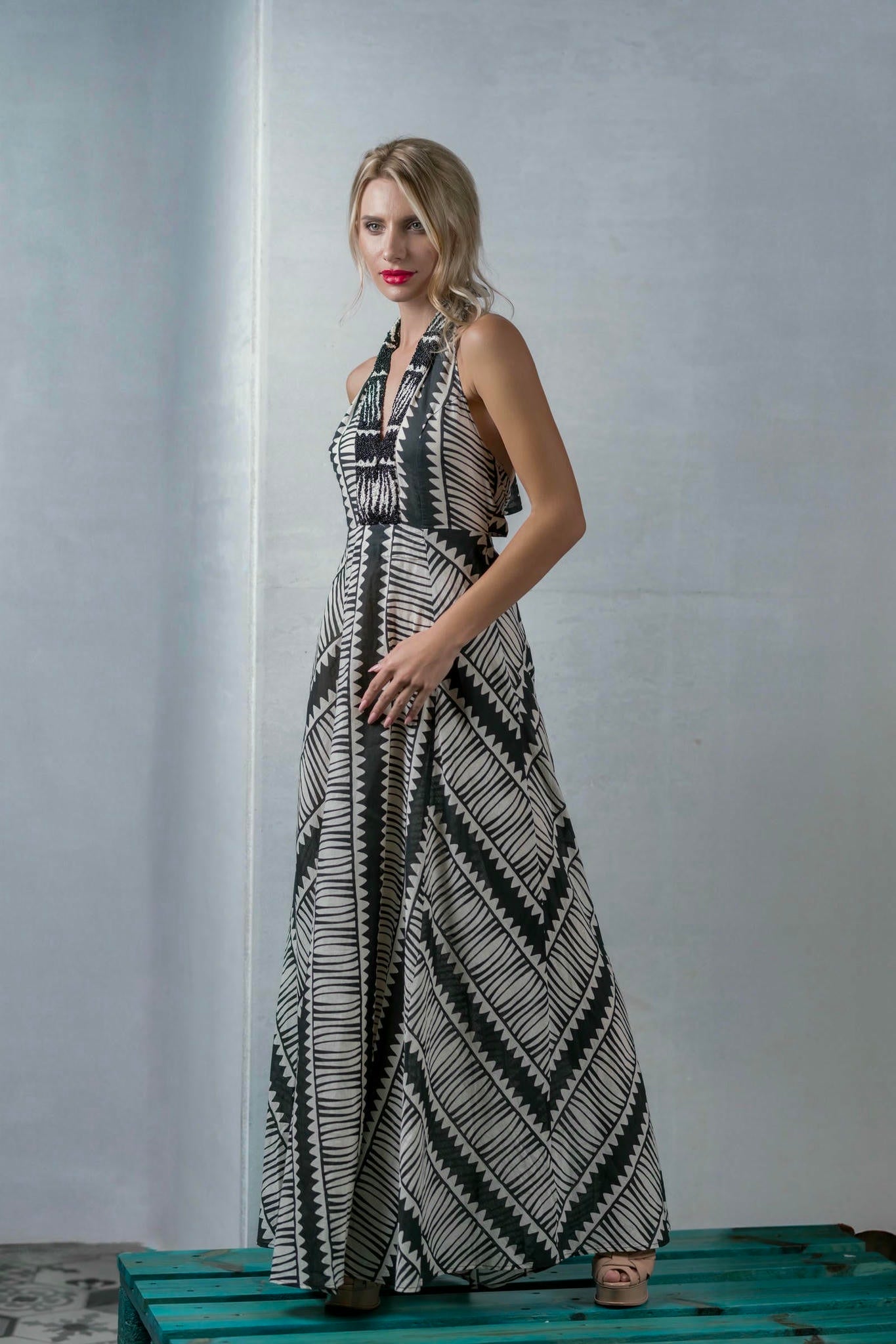 Geometric Halter Maxi Dress-luna collection by viola