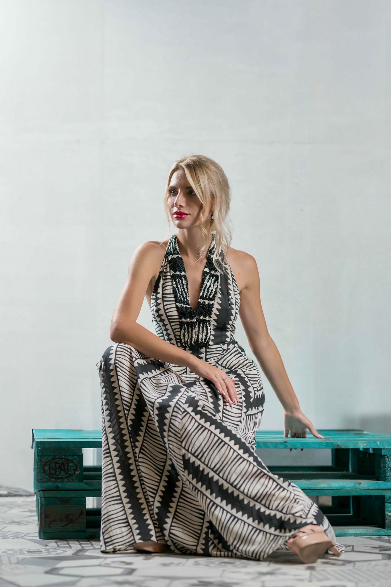 Geometric Halter Maxi Dress-luna collection by viola