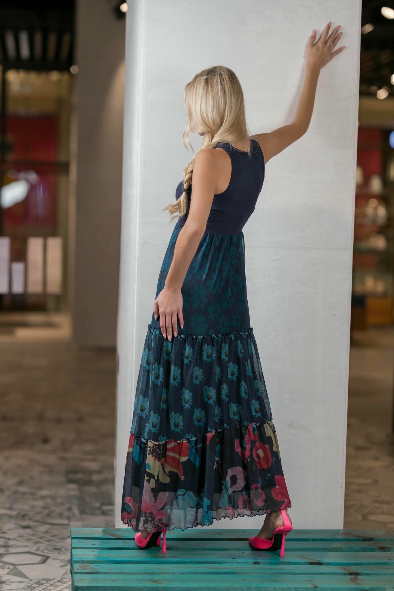 Model wearing a Navy Floral Maxi Dress