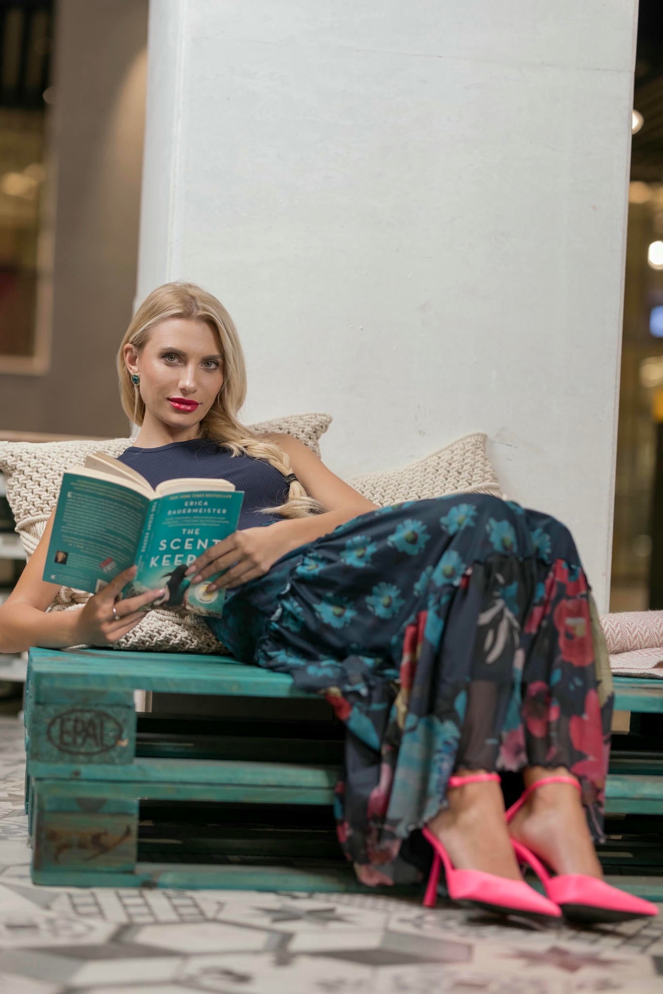 Model wearing a Navy Floral Maxi Dress