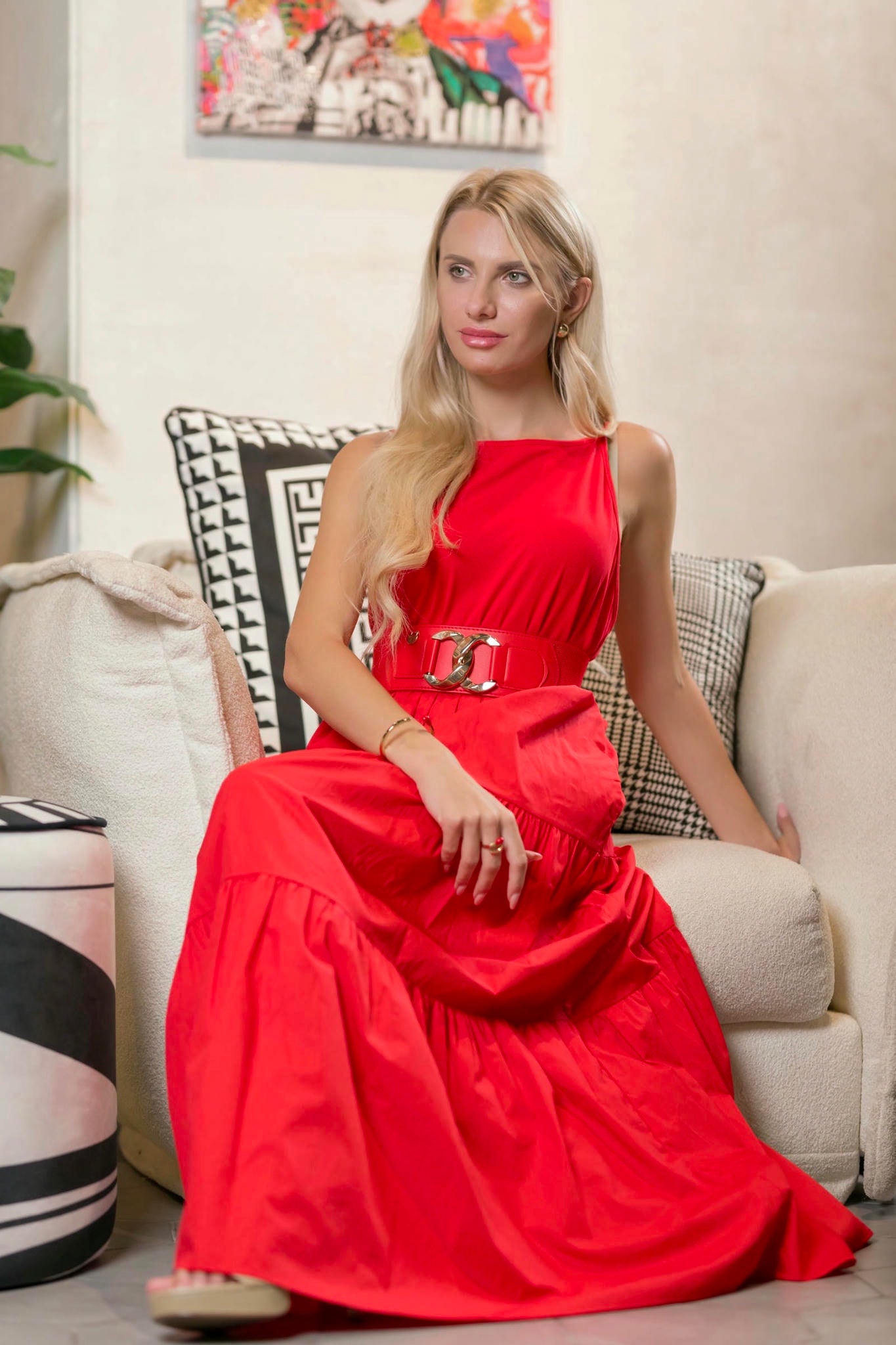 a model wearing a Tiered Red Maxi Dress