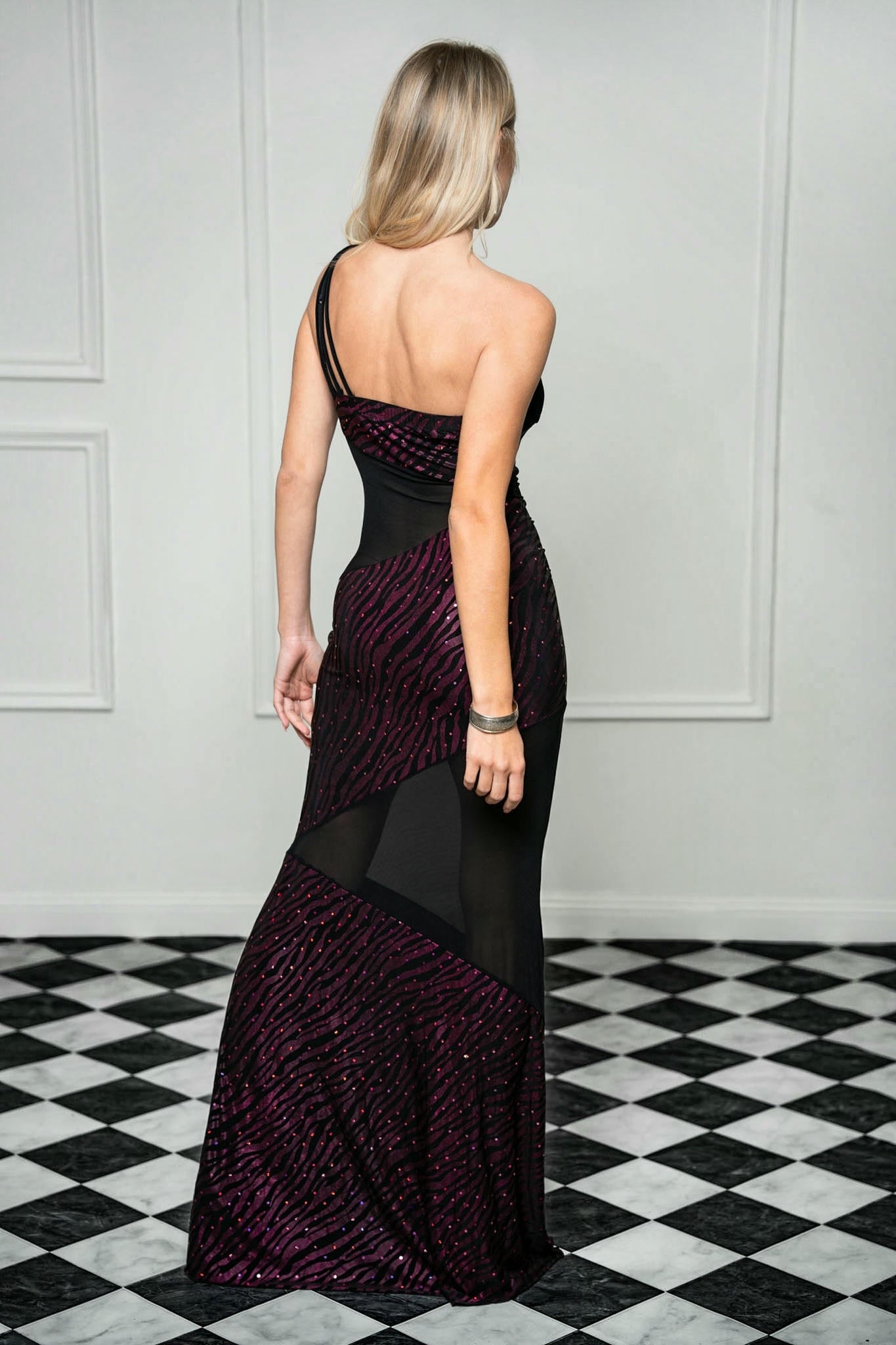 Shadow and Shimmer Gown – One-Shoulder Zebra Mesh Elegance