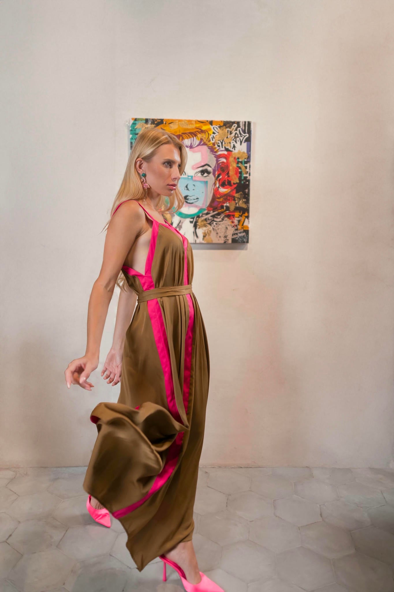 a model wearing a Pink-Bronze Silk Dress with Waist Tie