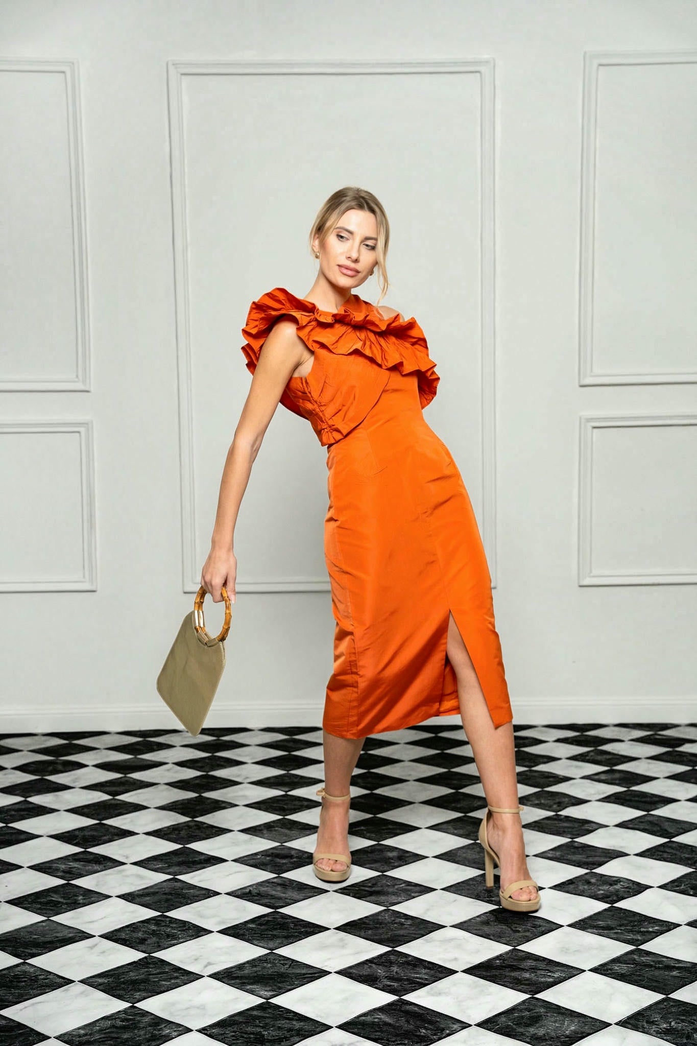 Saffron Ruffle Orange Midi Dress