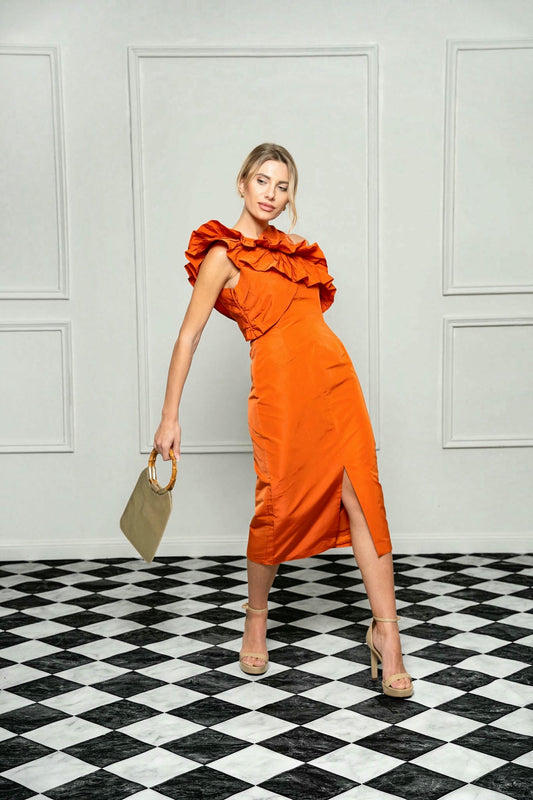 Saffron Ruffle Orange Midi Dress