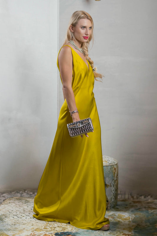 a model wearing a Satin Lime Zest Maxi Evening Gown