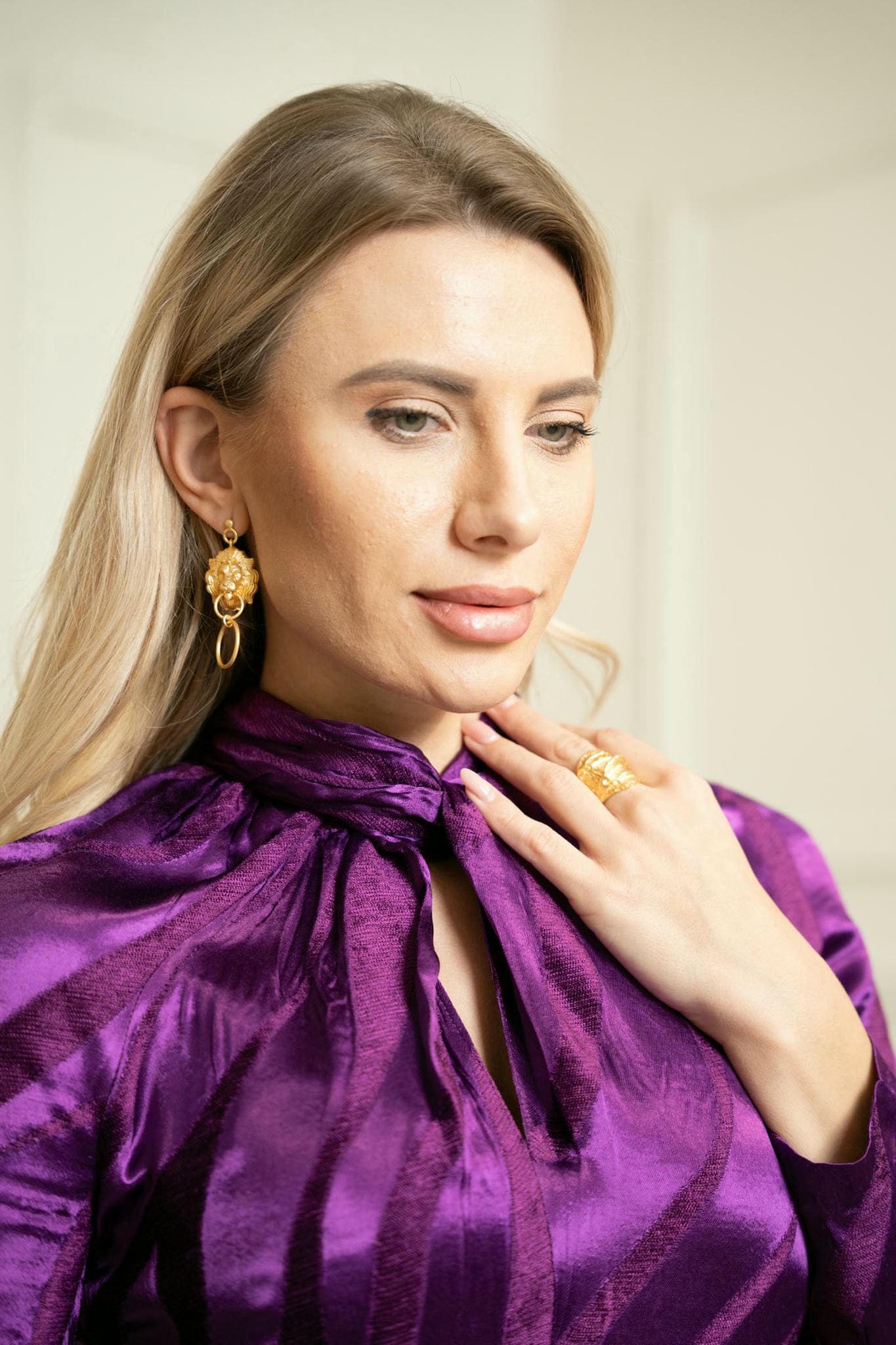 Majesty Gown – Wave-Textured Satin in Amethyst and Emerald Tones