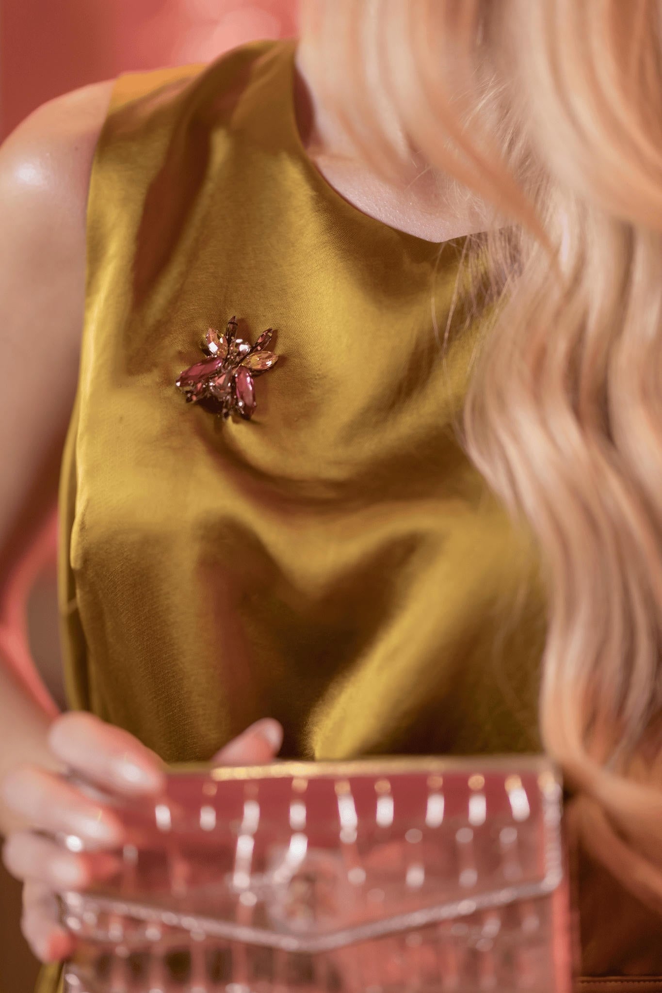 a model wearing an Olive Silk Midi Dress – Brooch Accent