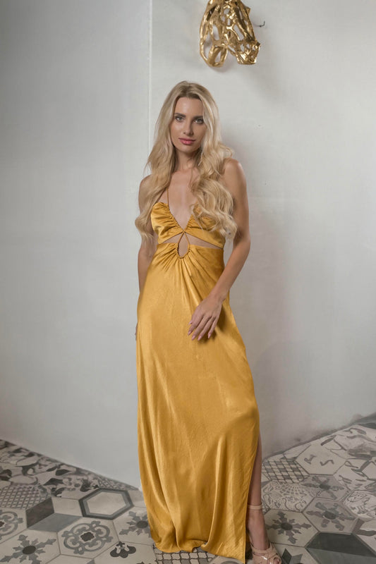 a model wearing a Satin Gown with Tie-Back in Warm Gold