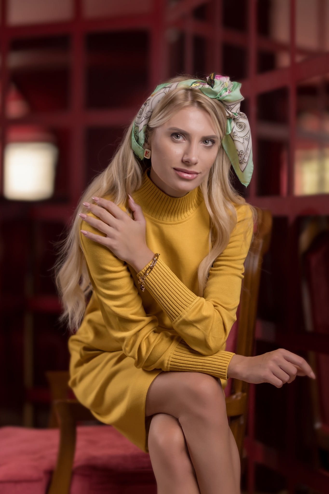 model wearing yellow knit midi dress