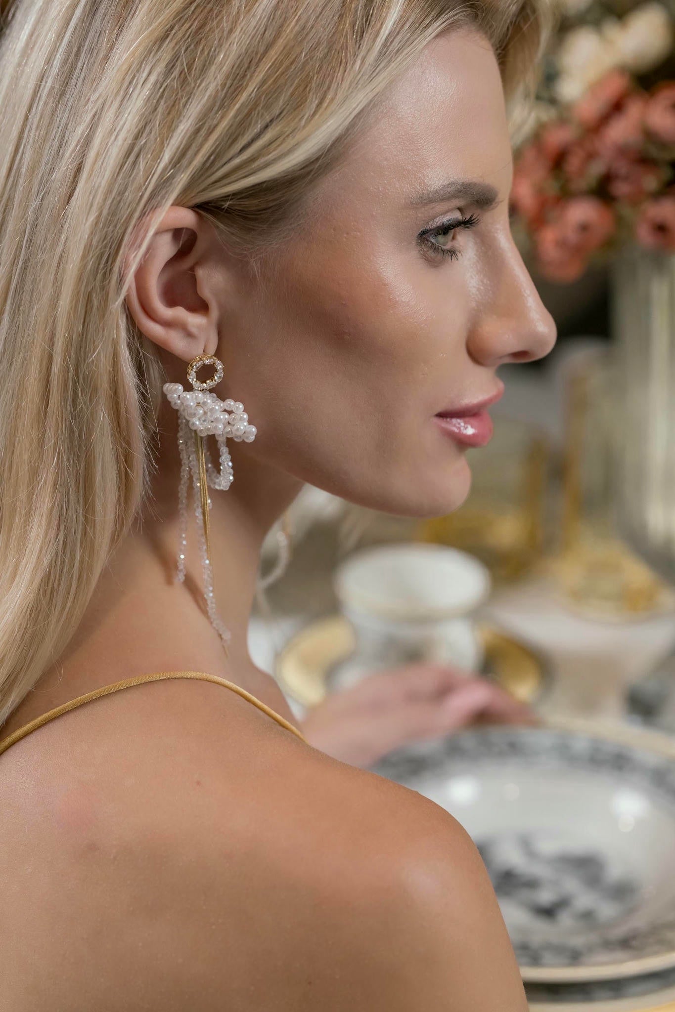Whispers of Opulence – Pearl and Gold Chain Earrings-Tresor Collection by Viola