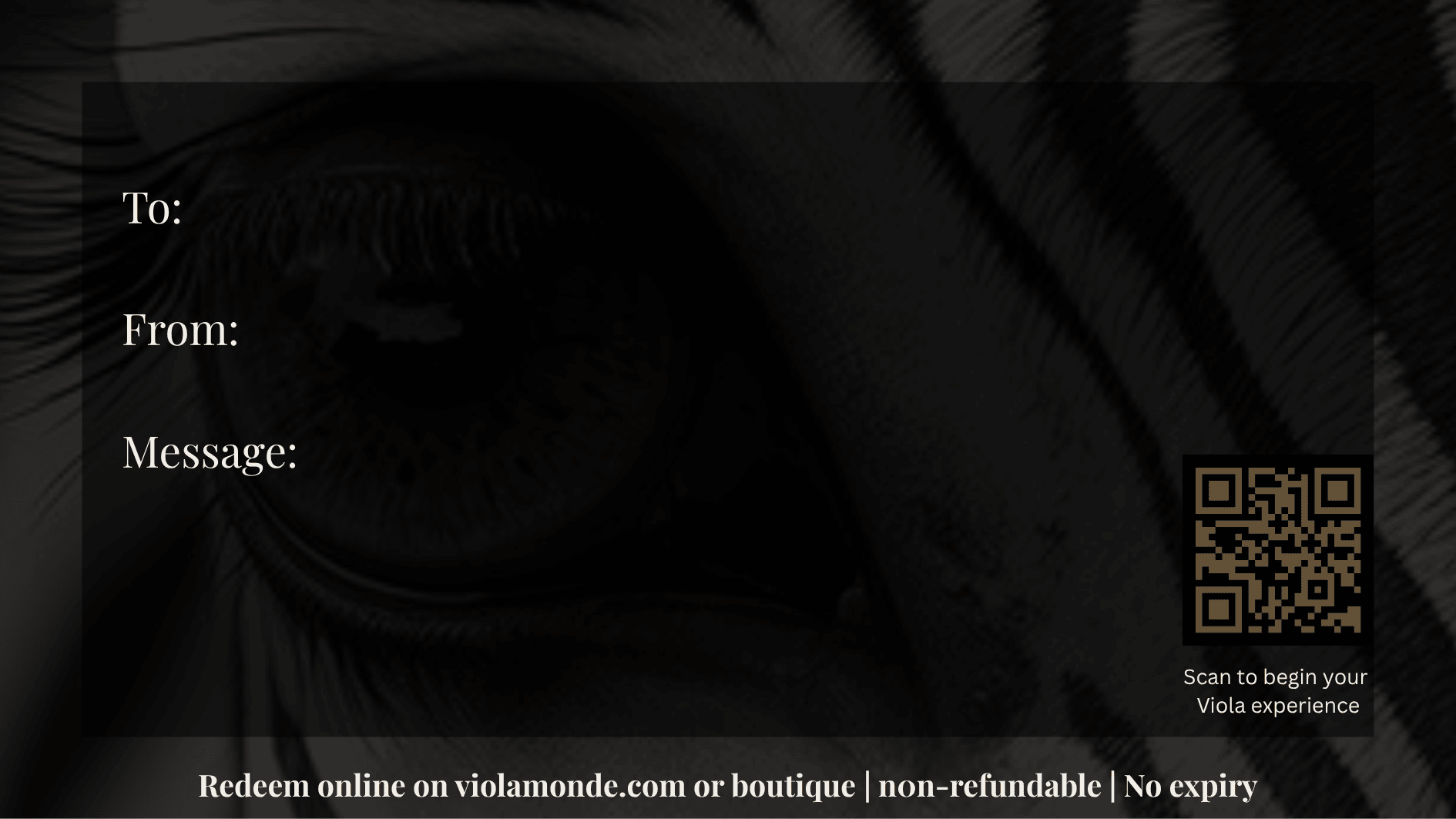 Black and white card with text and a QR code on a textured black background