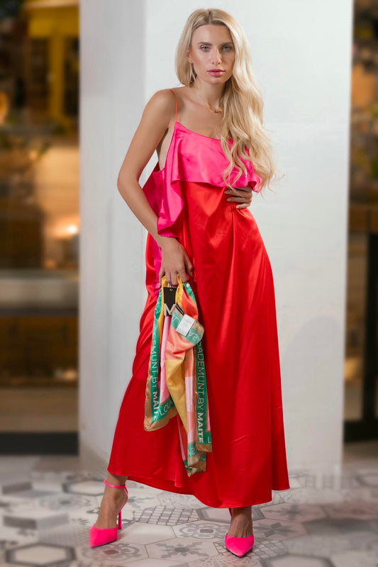 model wearing a Fuchsia and Coral Silk Gown with Ruffled Bodice