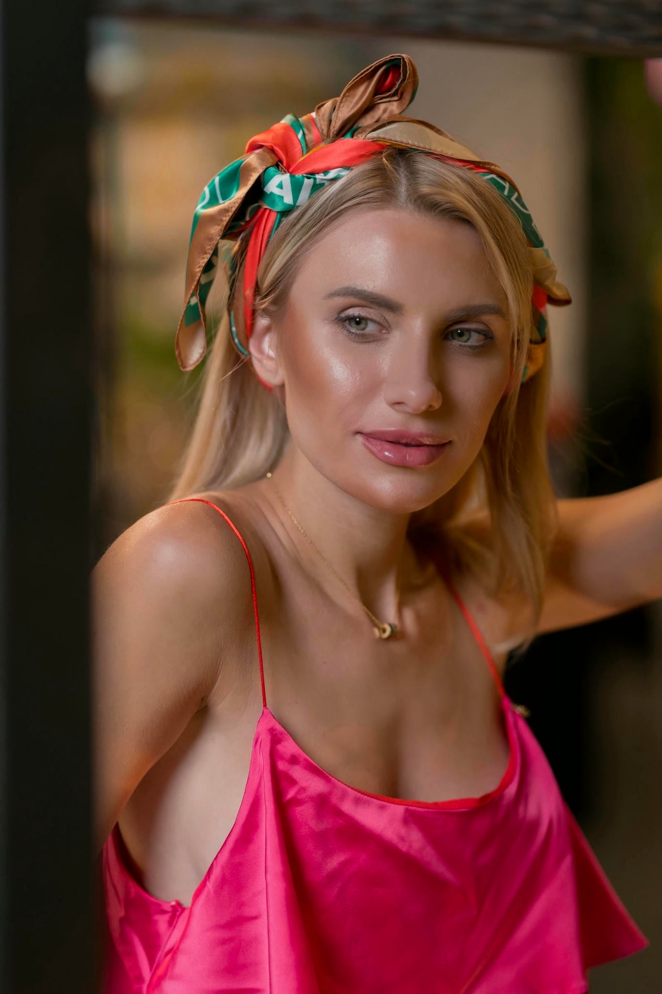 Silk Twill – Italian Silk Scarf in Orange and Green Print- closeup details-tresor collection by Viola