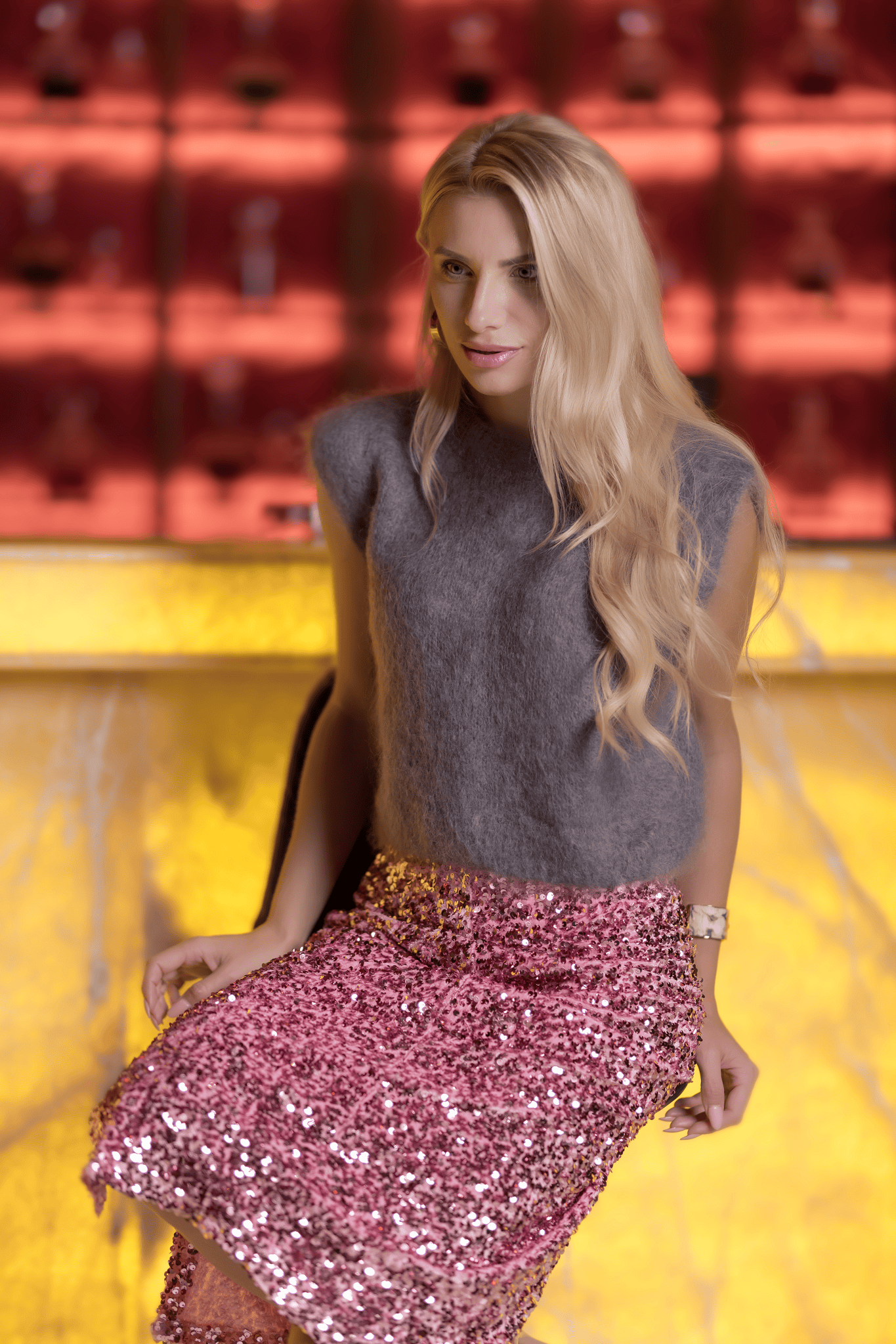 model wearing sequin skirt and contrast top