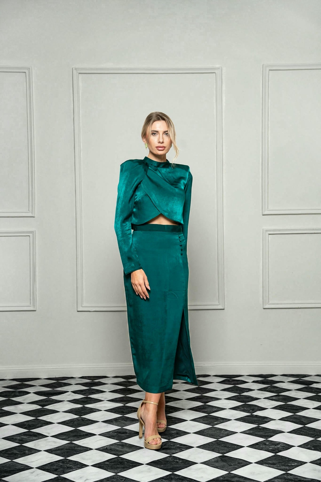 Sculpted Satin Set – Burnt Orange and Emerald Green