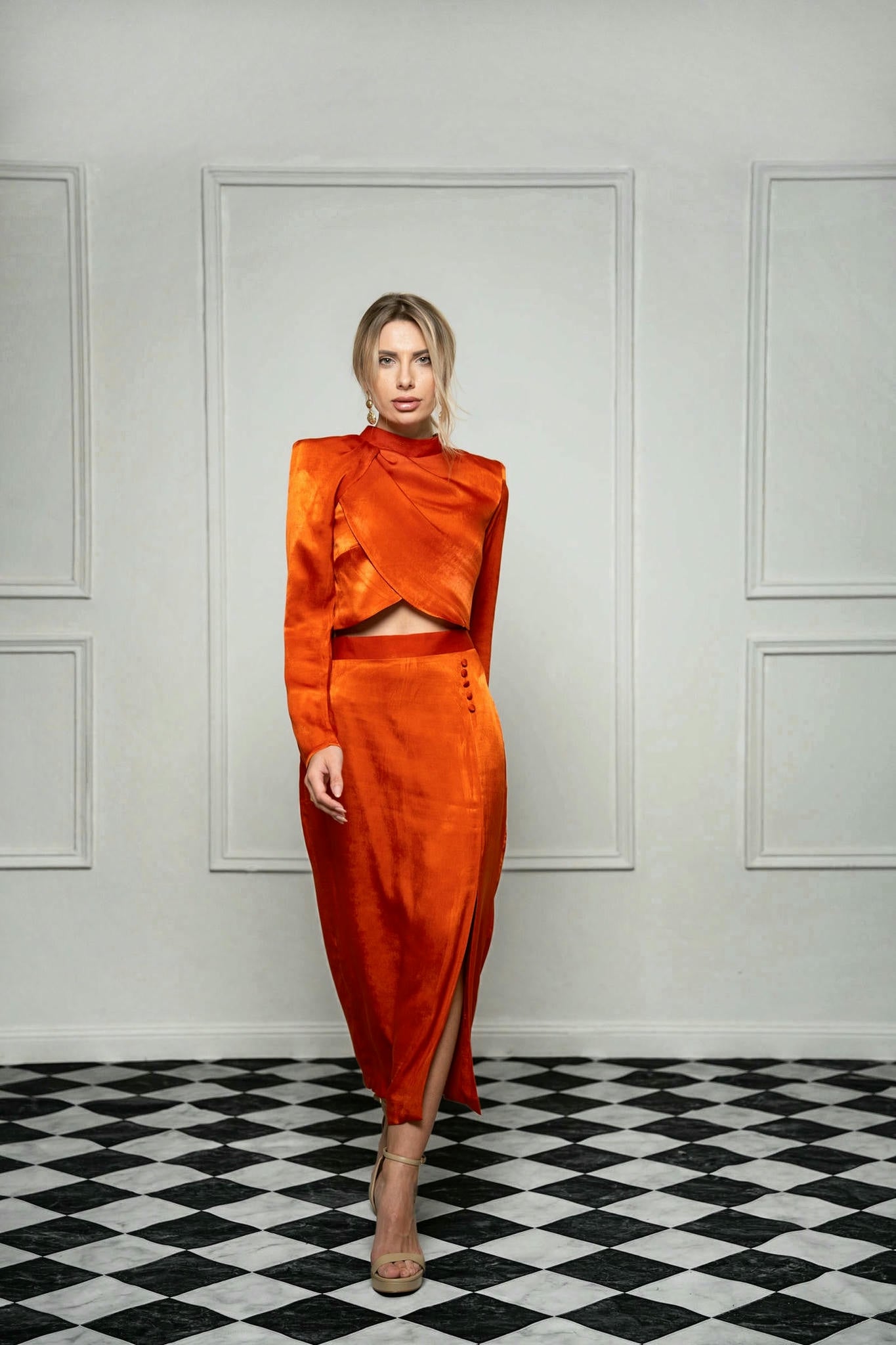 Sculpted Satin Set – Burnt Orange and Emerald Green