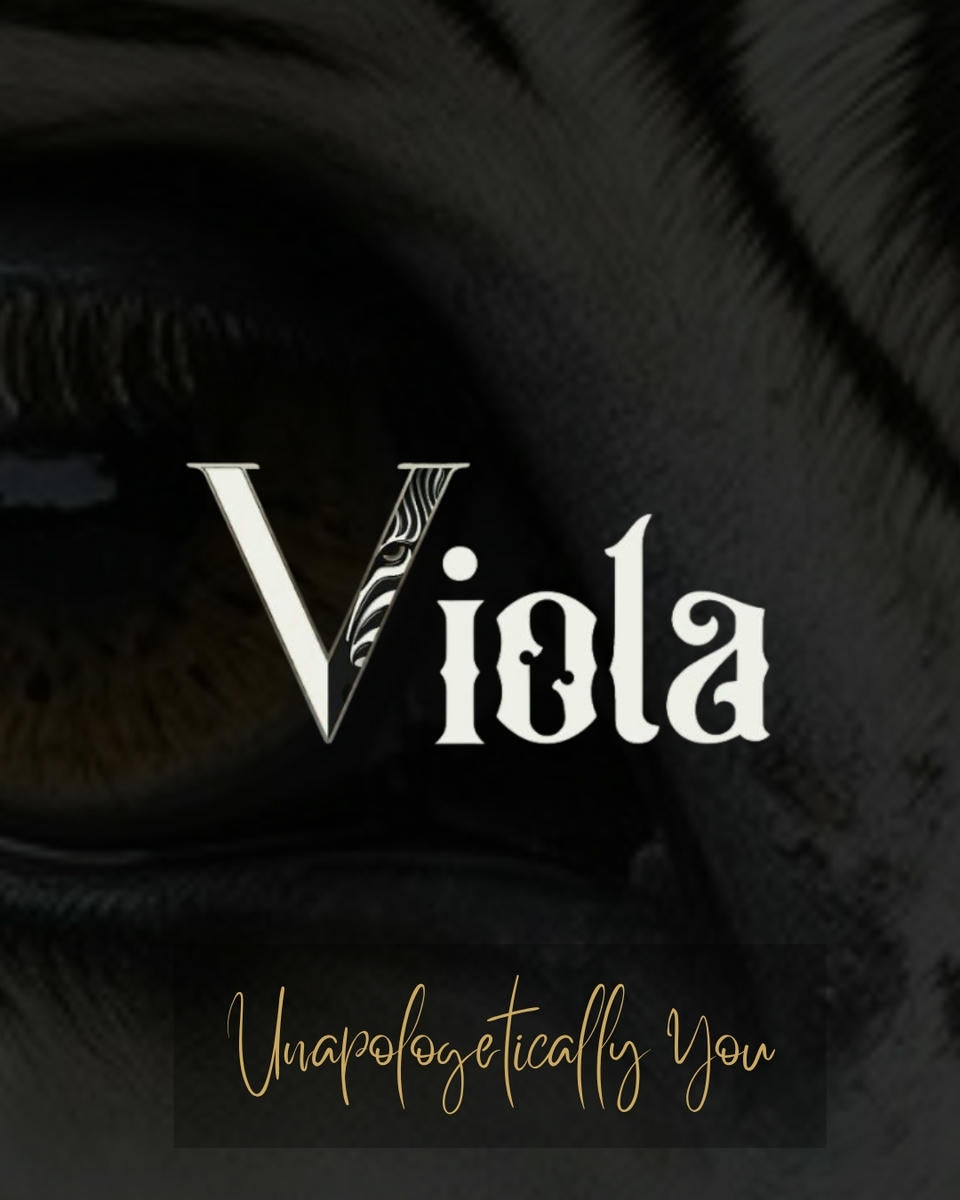 Text 'Viola' with a feather design on a black background