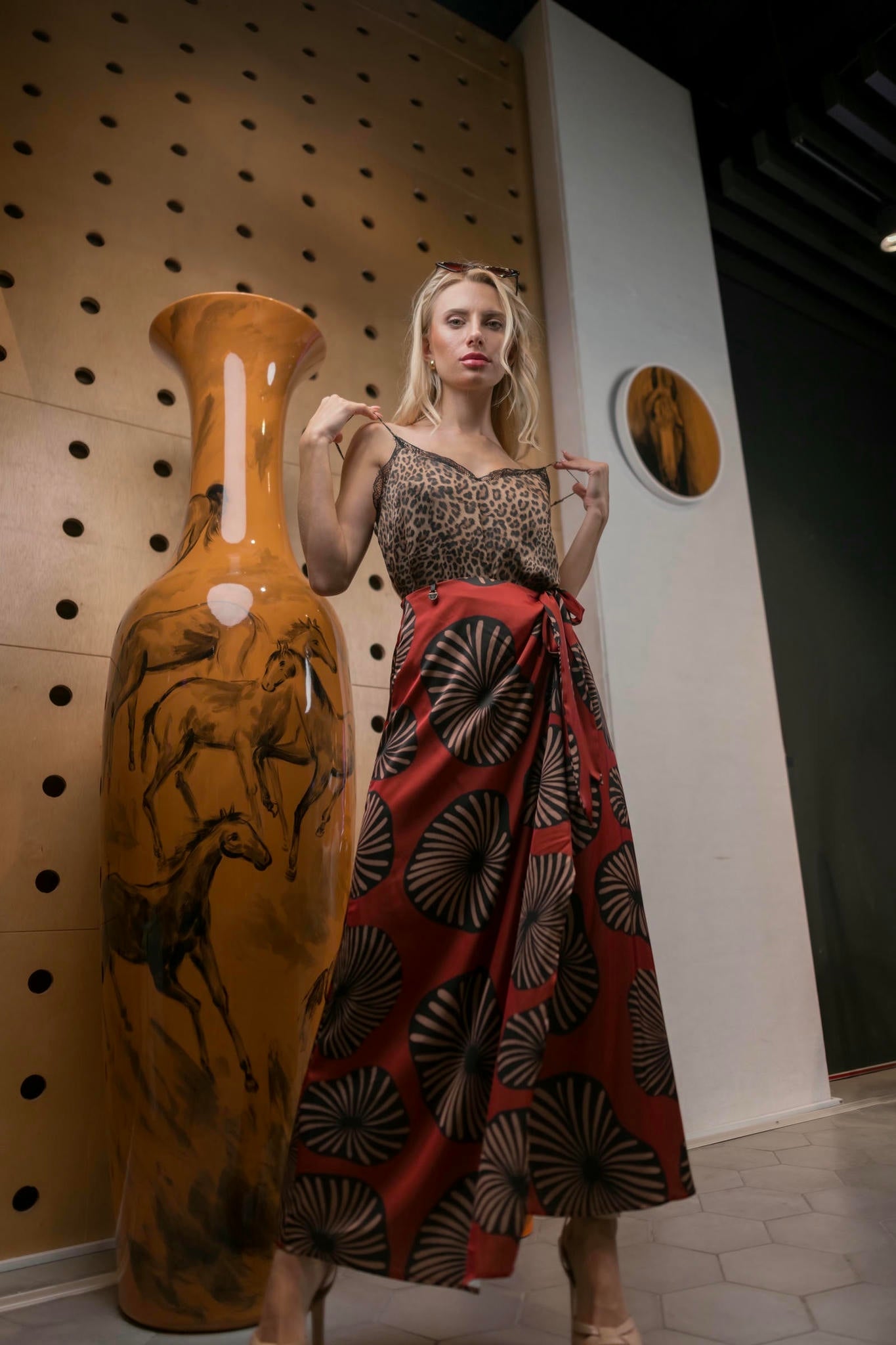 model wearing Leopard Print Camisole and Wrap Skirt Set