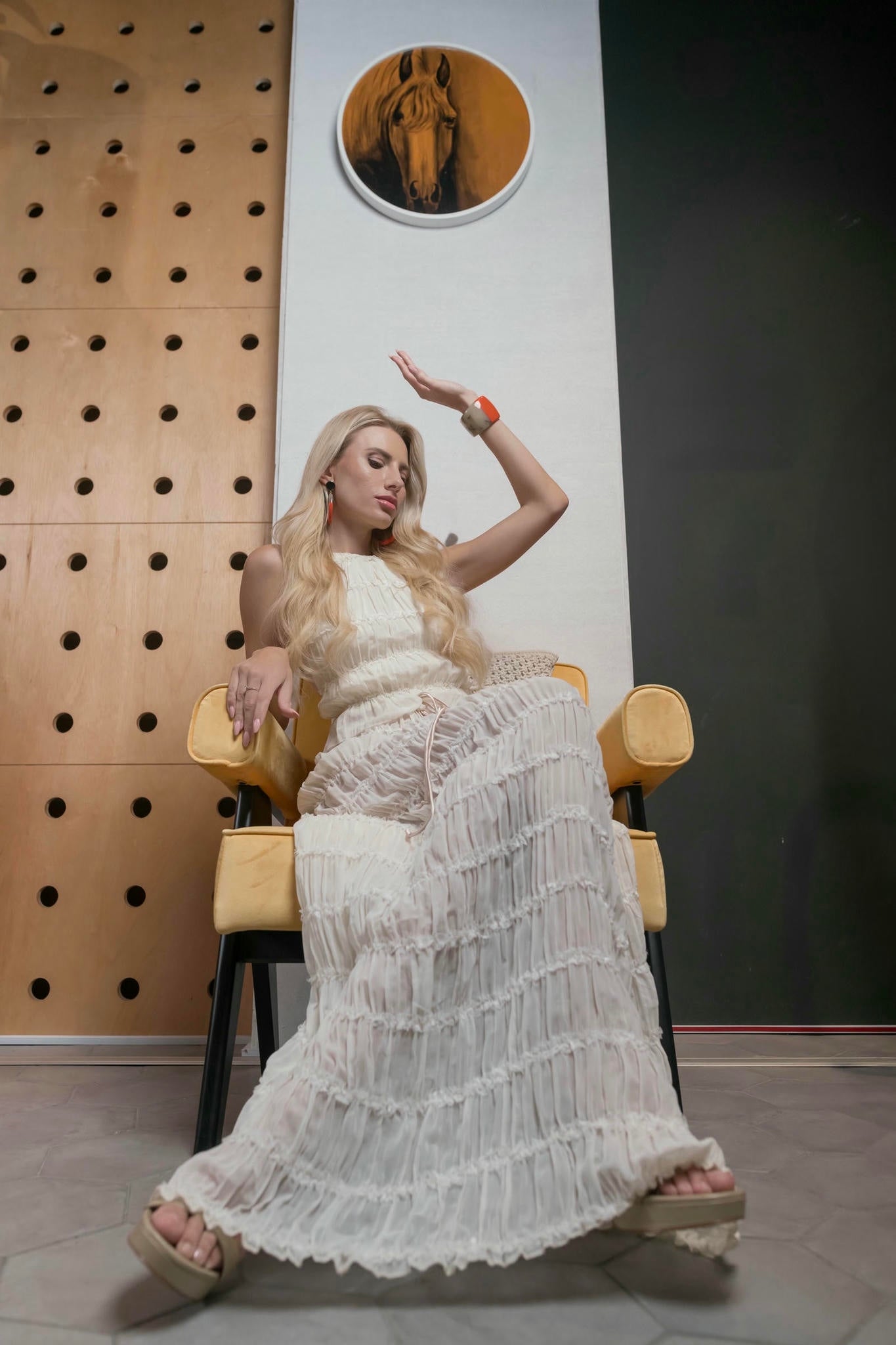 a model wearing an Ivory Halter Top and Maxi Skirt Set