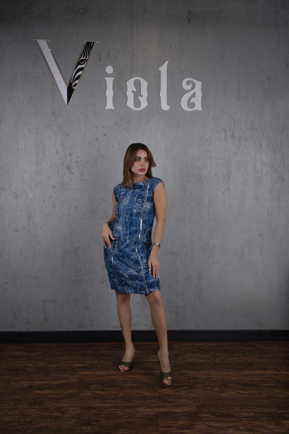Woman in a blue dress standing against a gray wall with 'Viola' branding.