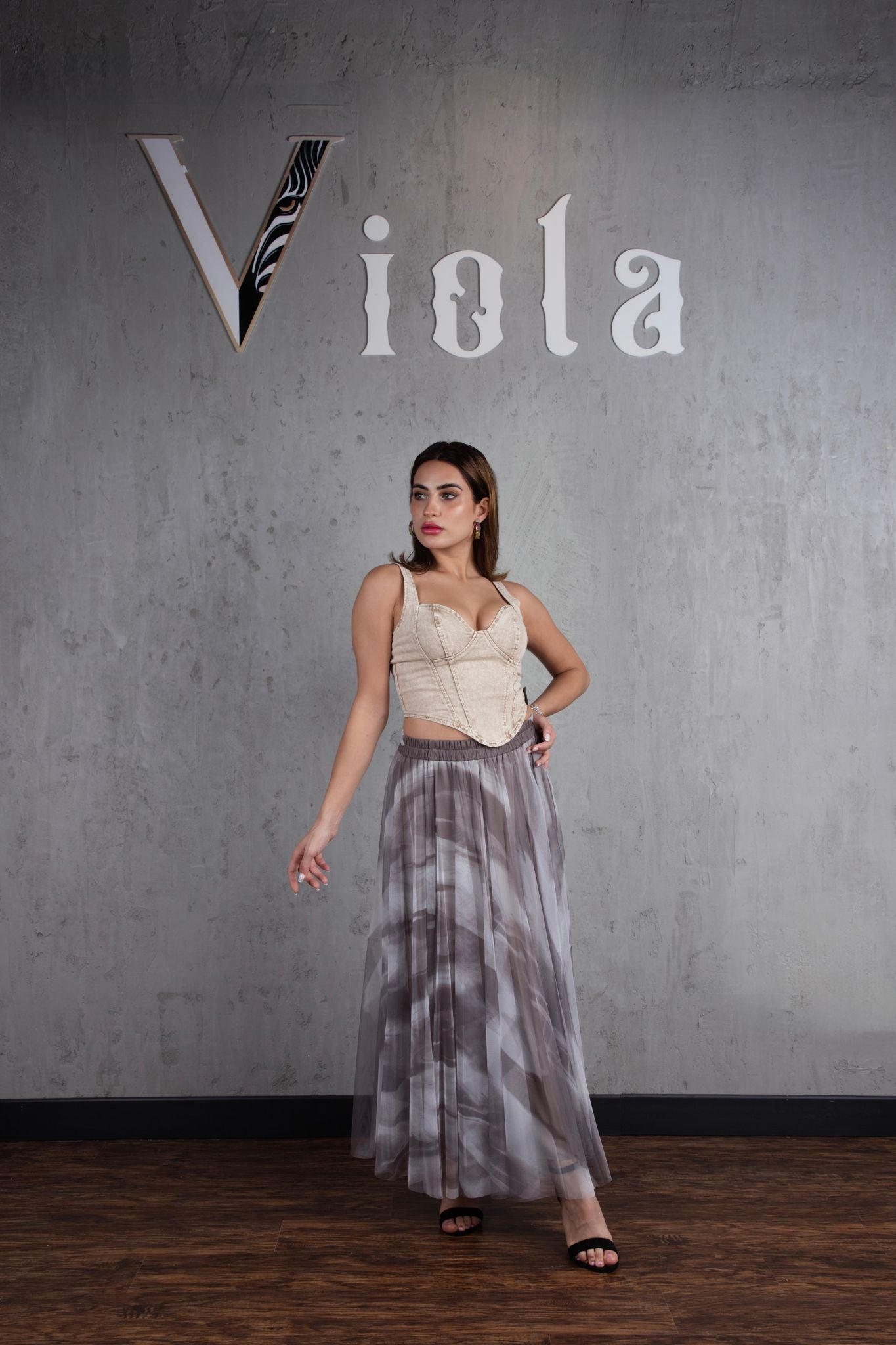 Denim top and tulle skirt set in caramel beige print