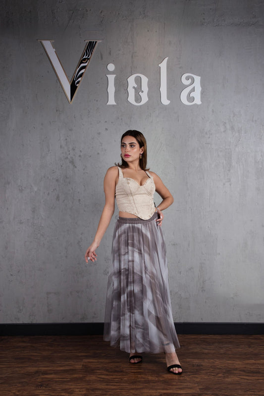 Denim top and tulle skirt set in caramel beige print