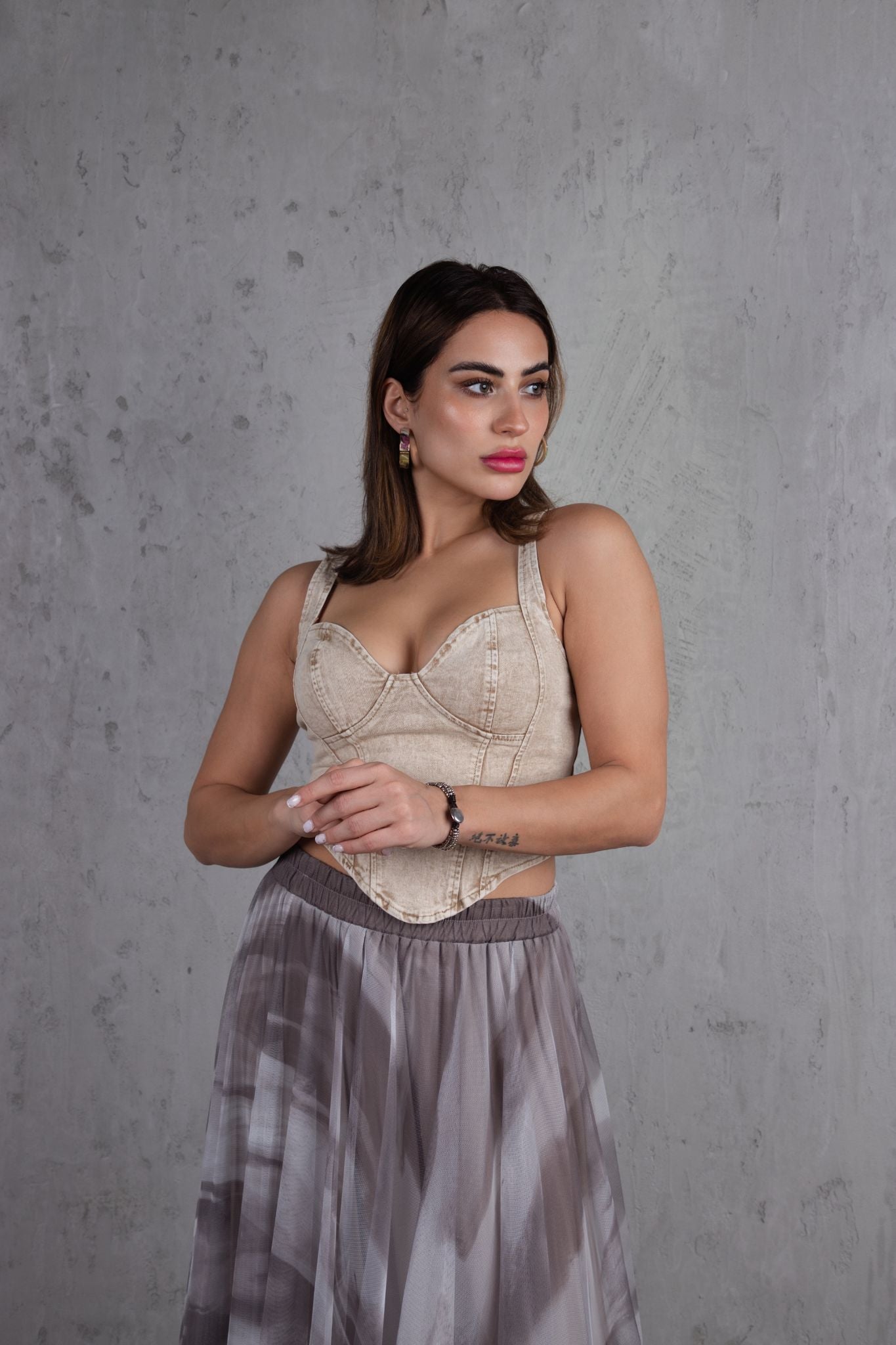 Denim top and tulle skirt set in caramel beige print