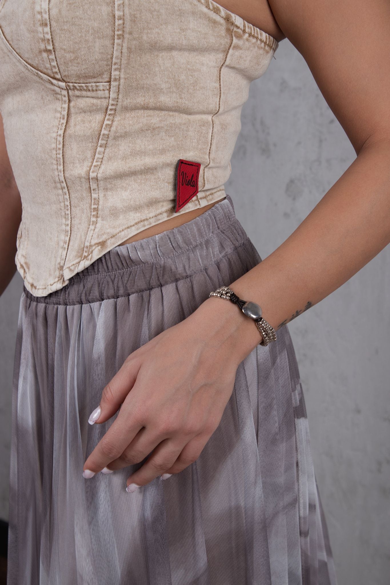 Denim top and tulle skirt set in caramel beige print