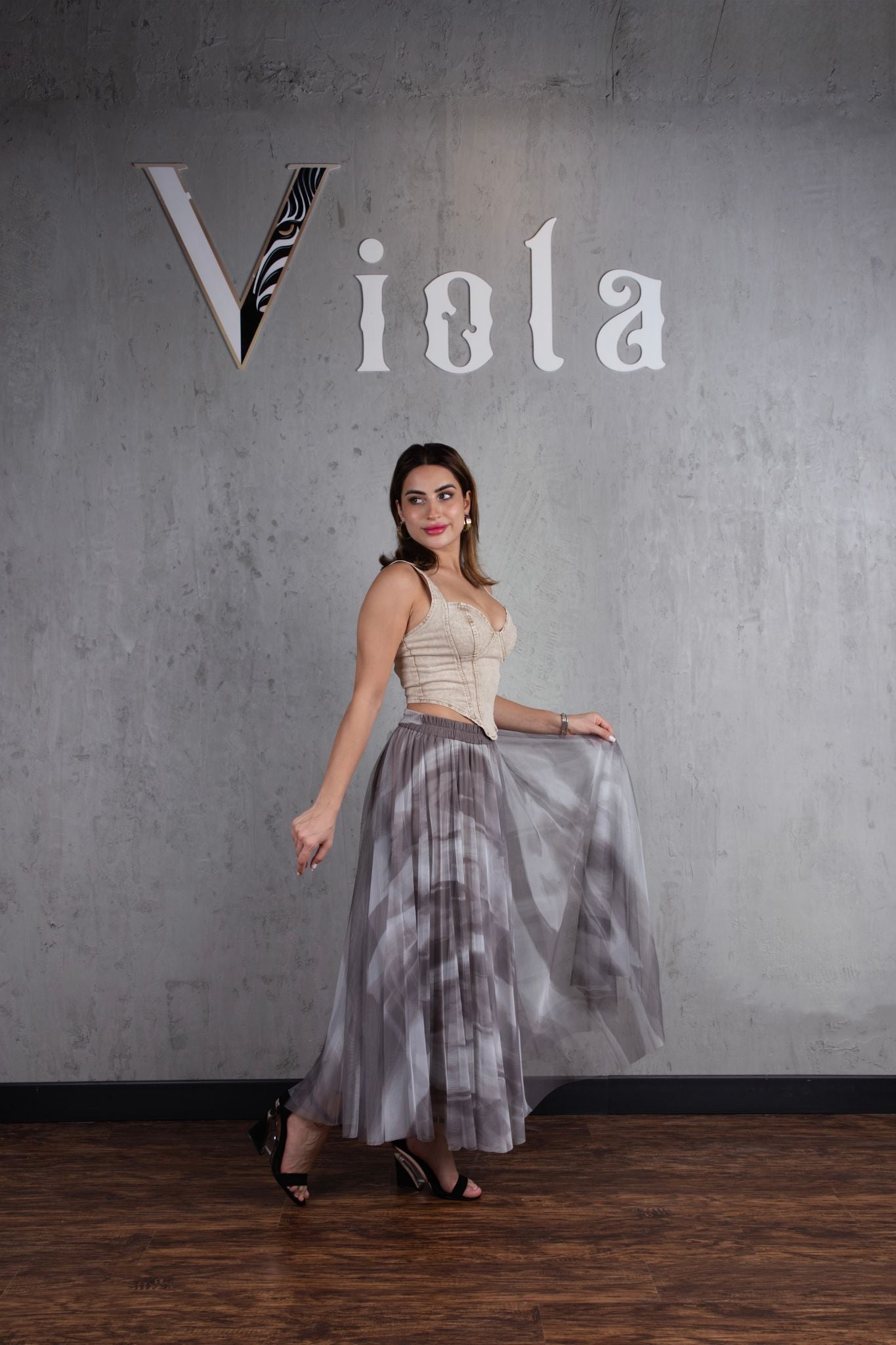 Denim top and tulle skirt set in caramel beige print