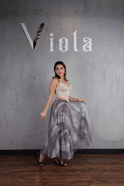 Denim top and tulle skirt set in caramel beige print