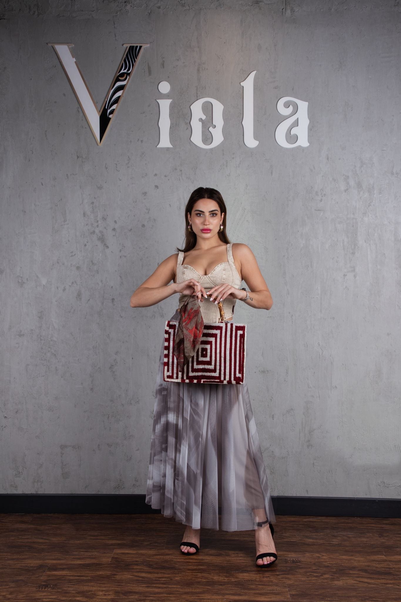 Denim top and tulle skirt set in caramel beige print