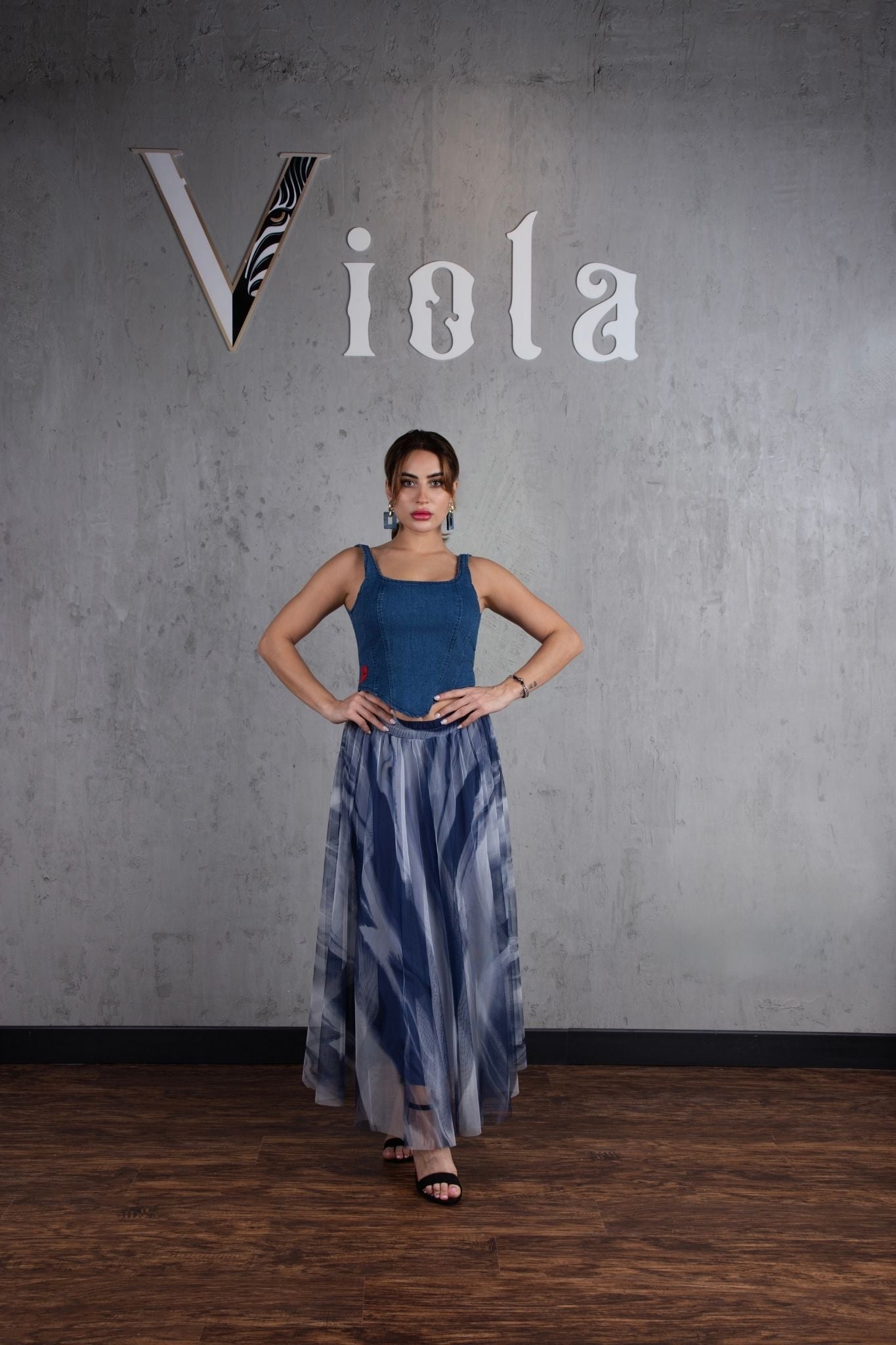 Denim top and tulle skirt set in classic blue print