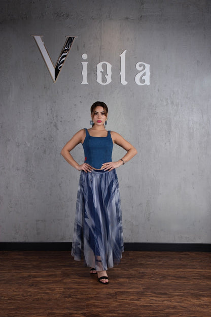 Denim top and tulle skirt set in classic blue print