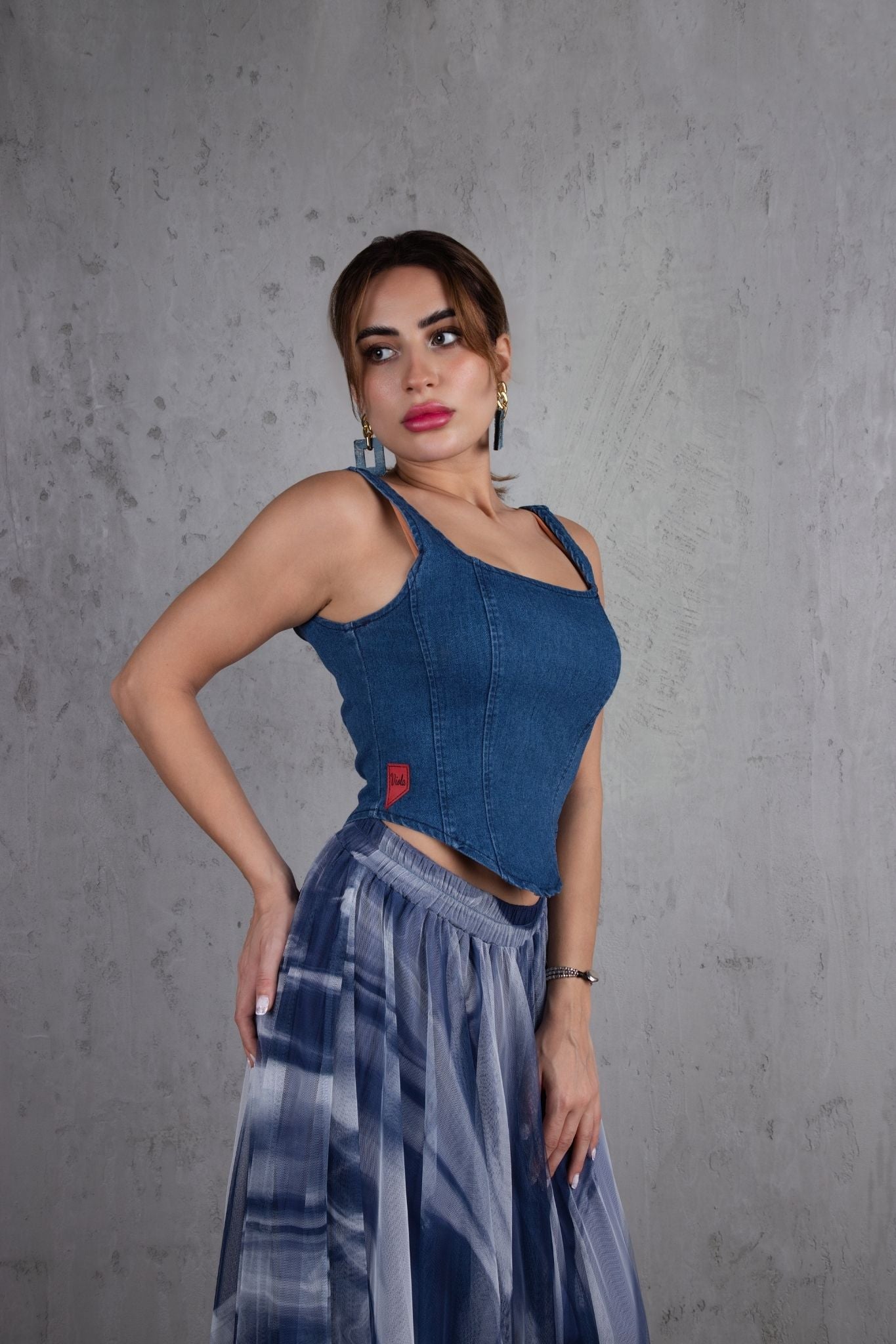 Denim top and tulle skirt set in classic blue print