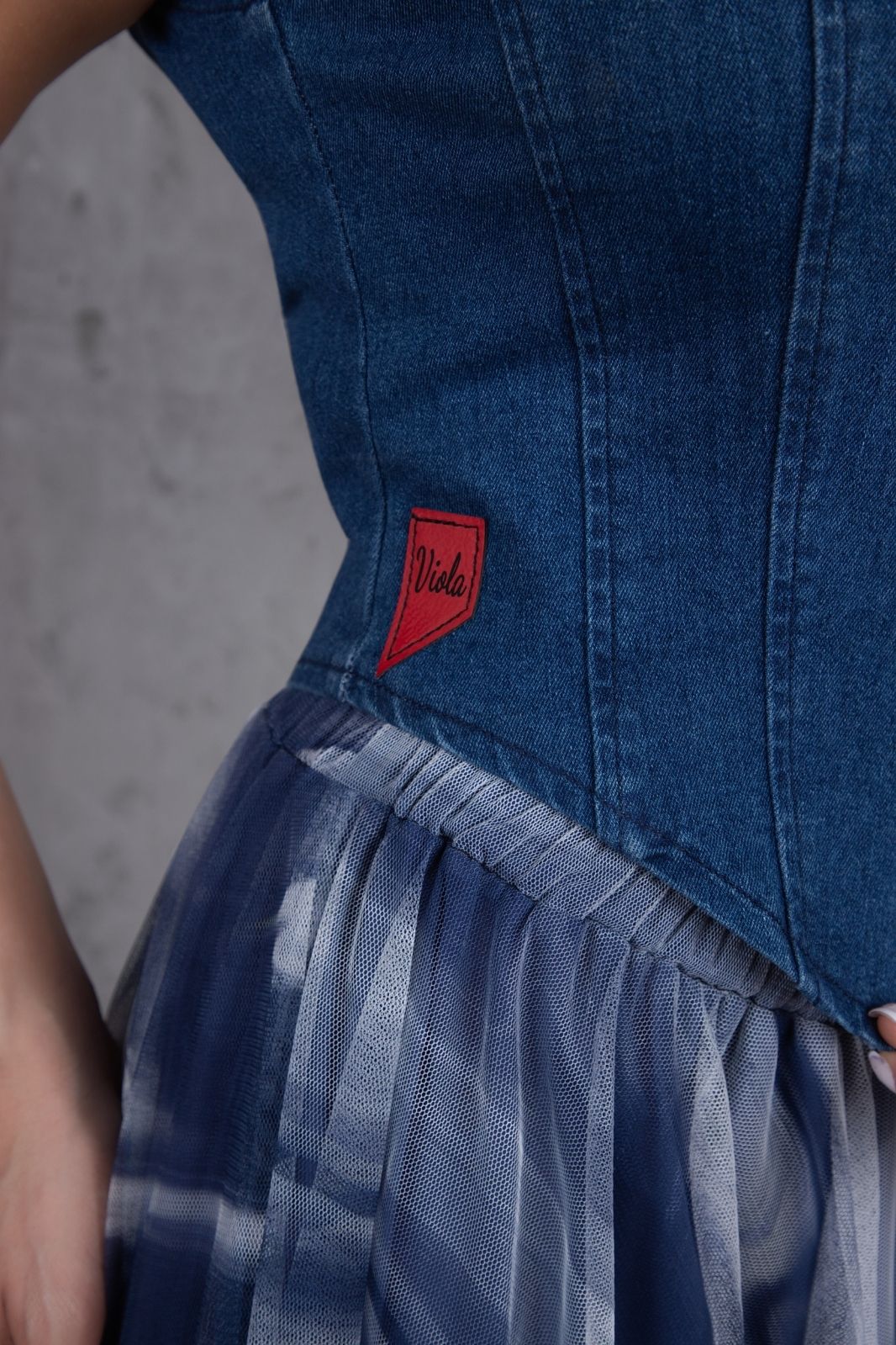 Denim top and tulle skirt set in classic blue print