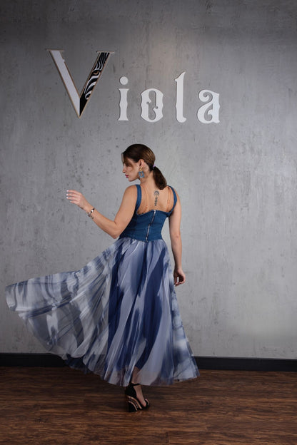 Denim top and tulle skirt set in classic blue print