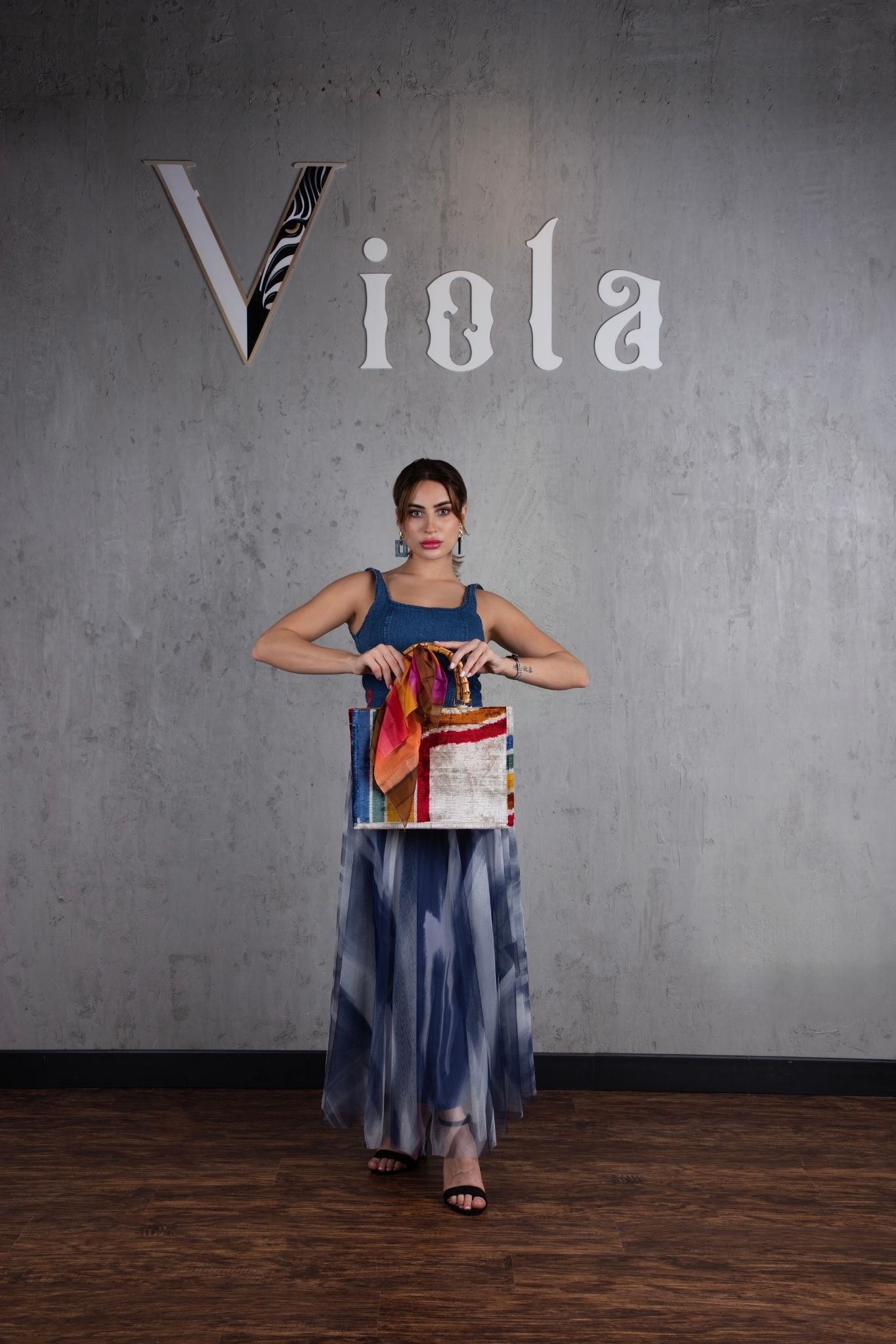 Denim top and tulle skirt set in classic blue print