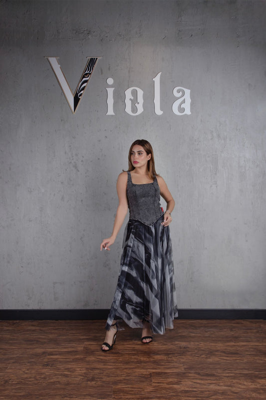 Denim top and tulle skirt set in charcoal print