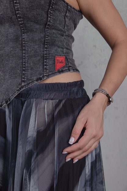 Denim top and tulle skirt set in charcoal print