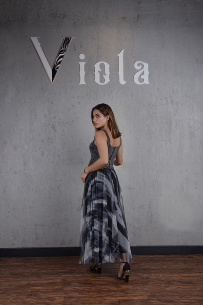 Denim top and tulle skirt set in charcoal print