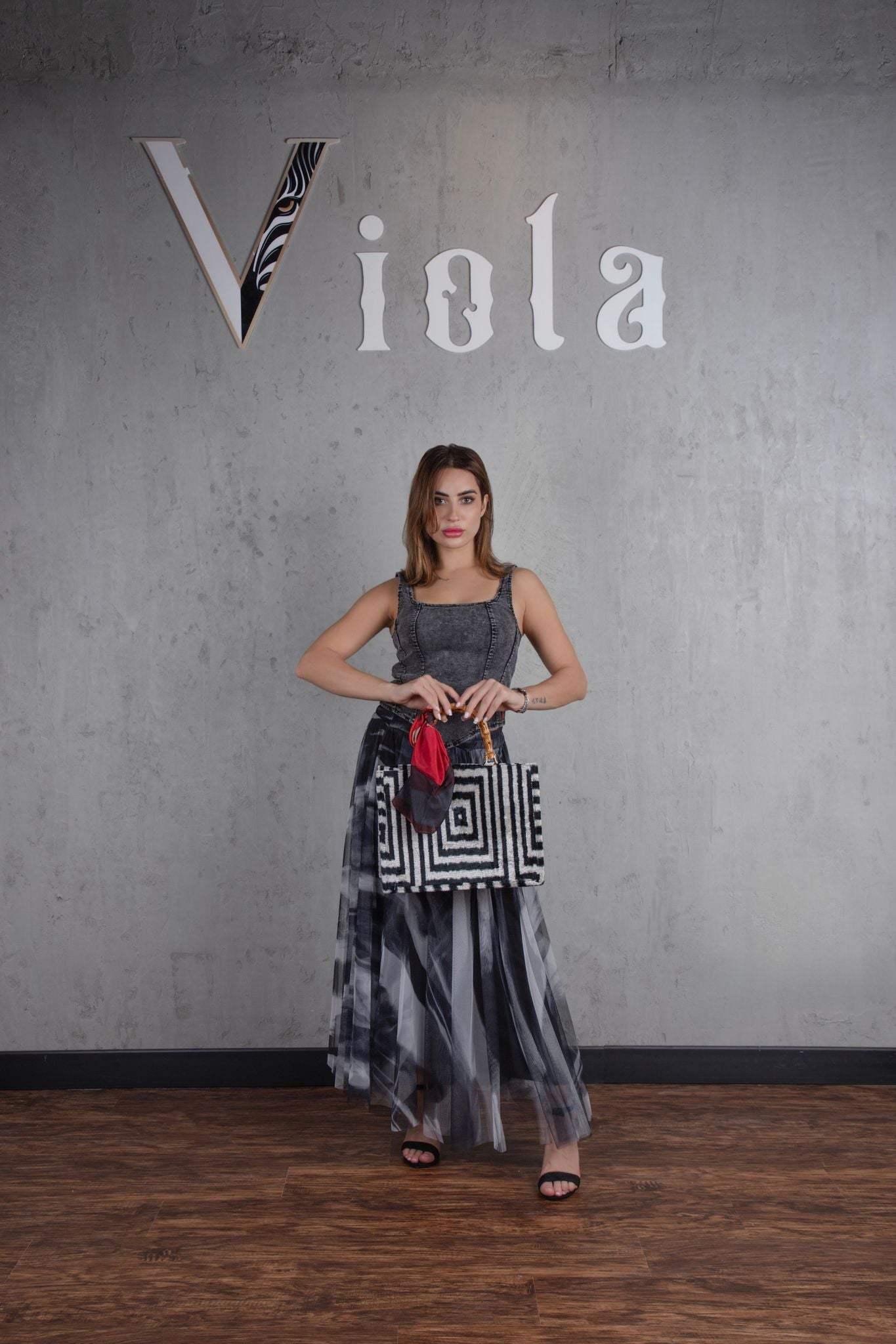 Denim top and tulle skirt set in charcoal print