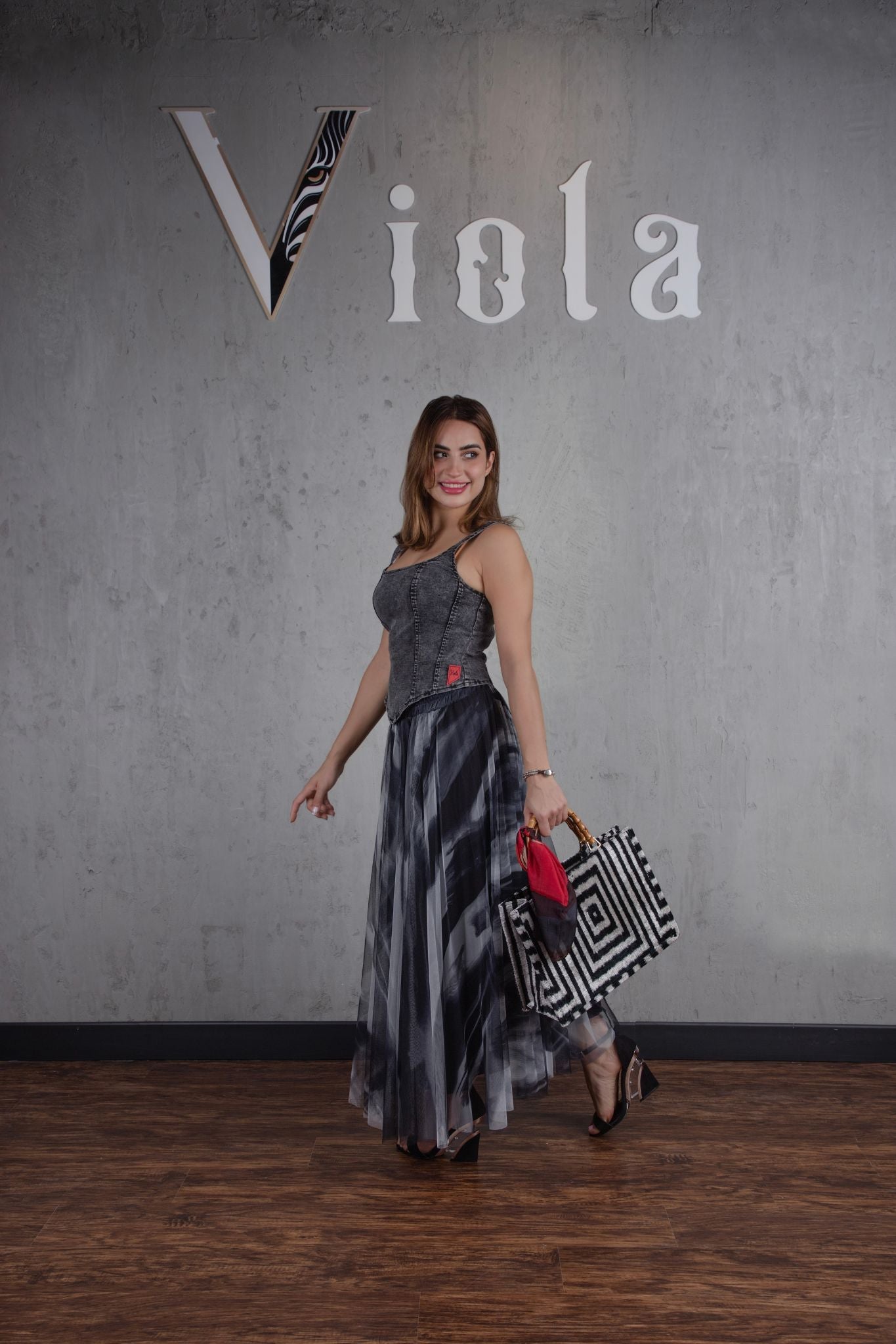 Denim top and tulle skirt set in charcoal print