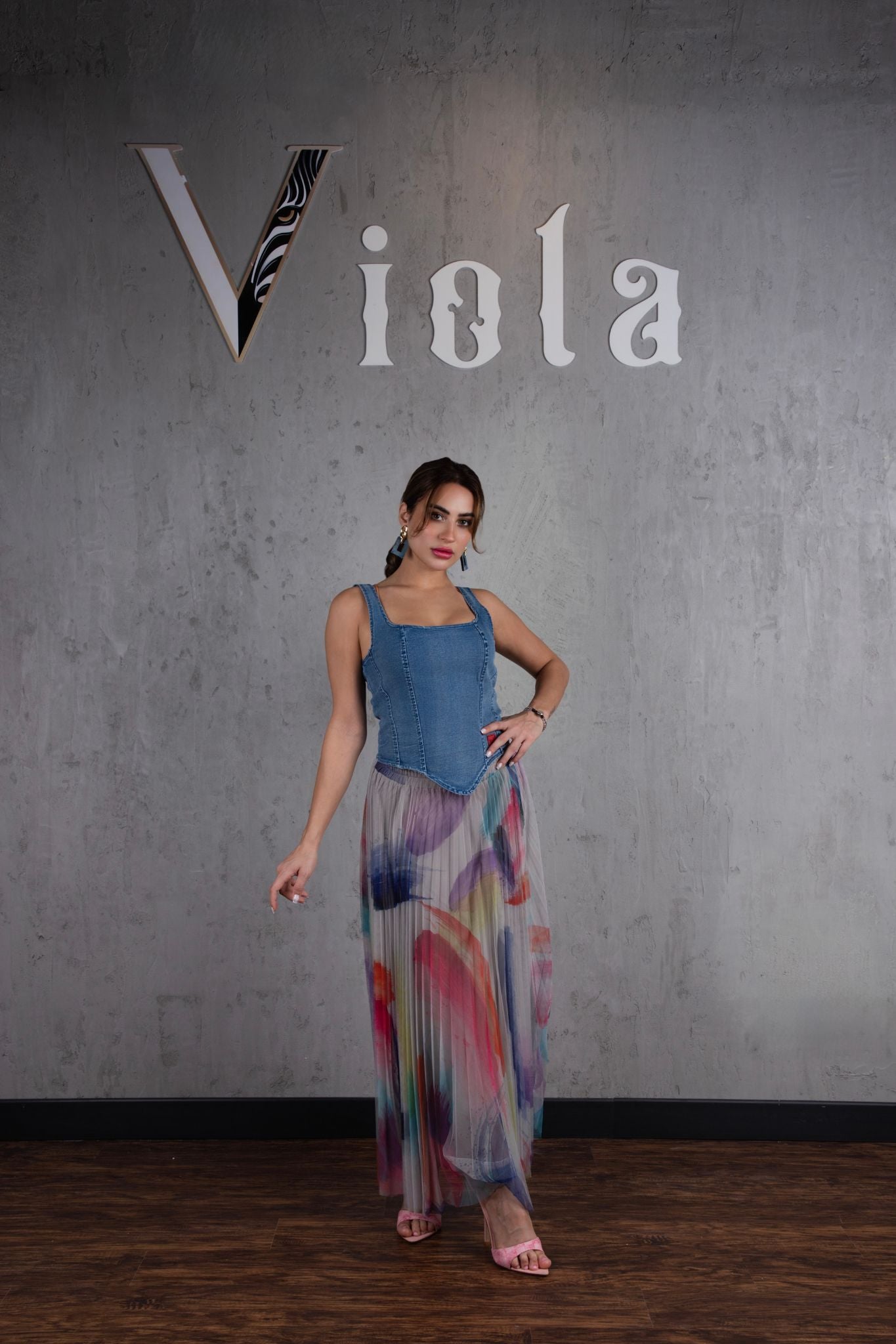 Denim top and tulle skirt set in pastel multicolor print