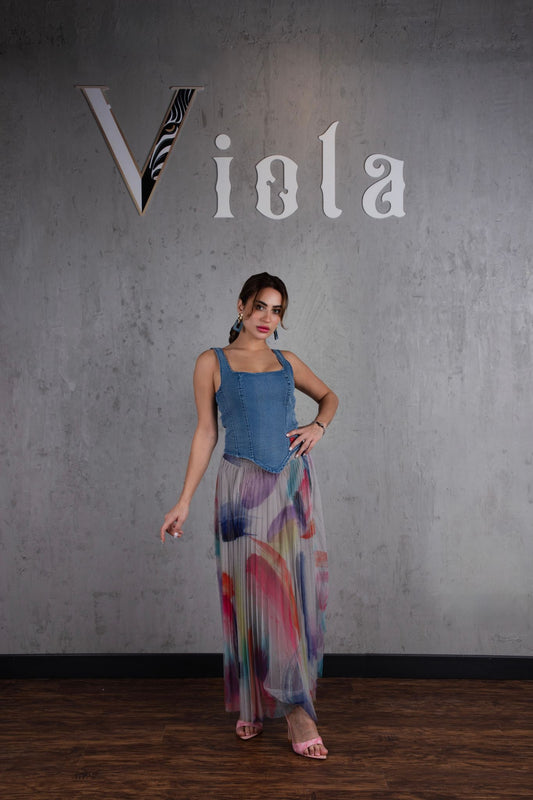 Denim top and tulle skirt set in pastel multicolor print