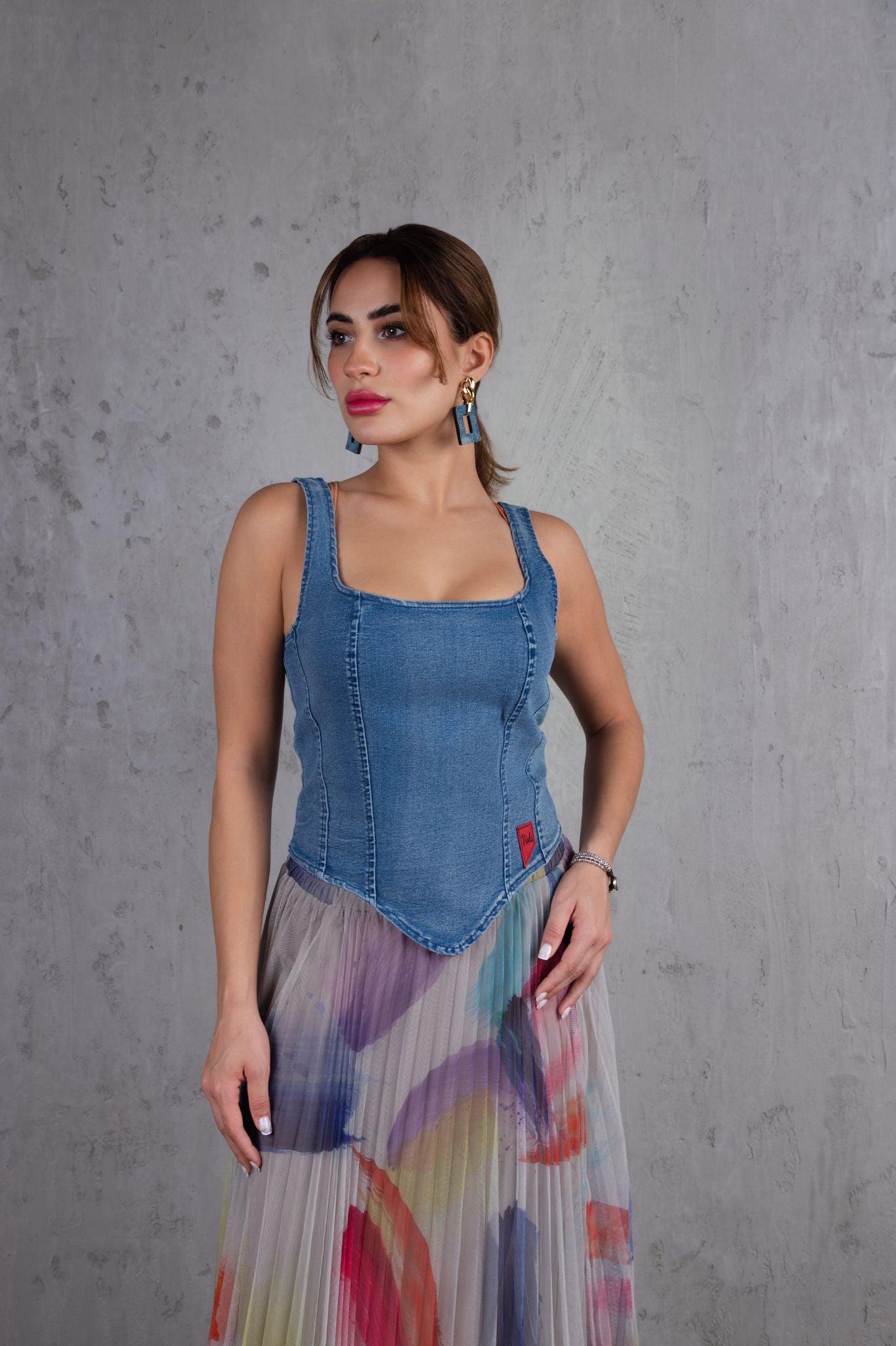 Denim top and tulle skirt set in pastel multicolor print