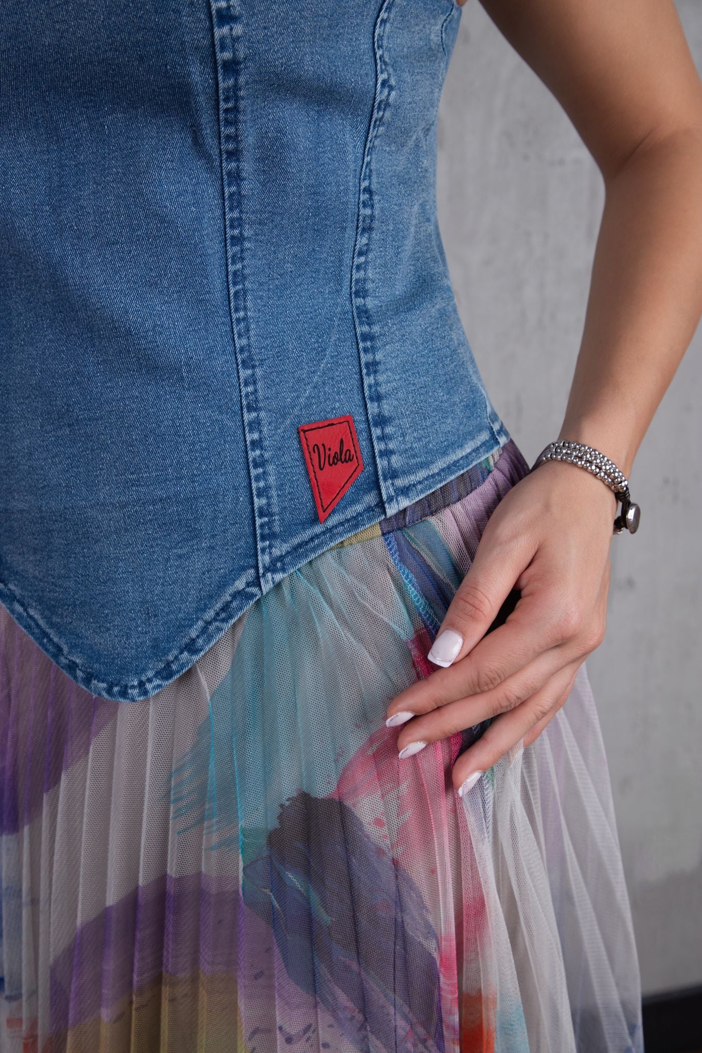 Denim top and tulle skirt set in pastel multicolor print