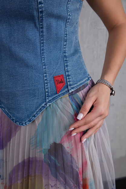 Denim top and tulle skirt set in pastel multicolor print