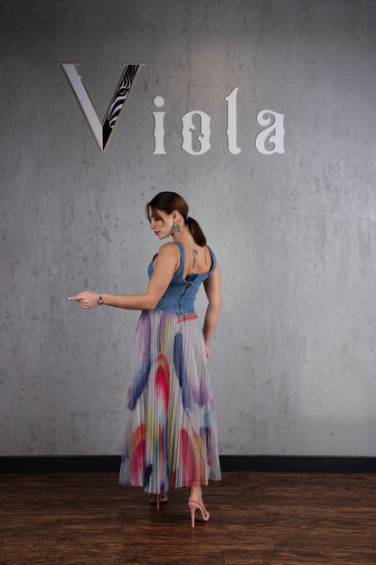Denim top and tulle skirt set in pastel multicolor print